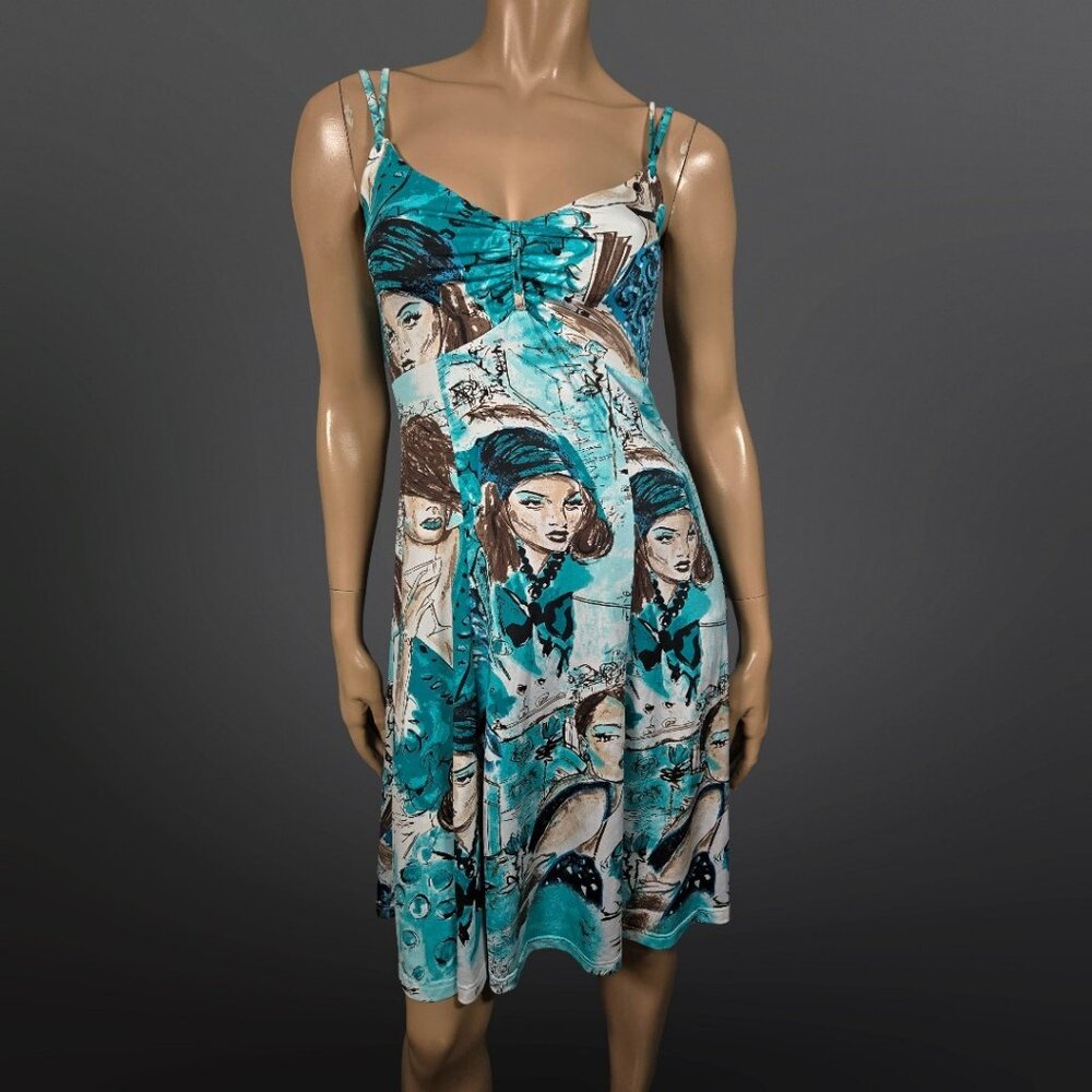 Y2K Retro Glam Lady Print Dress Size S Deadstock Teal White Sleeveless 2000s